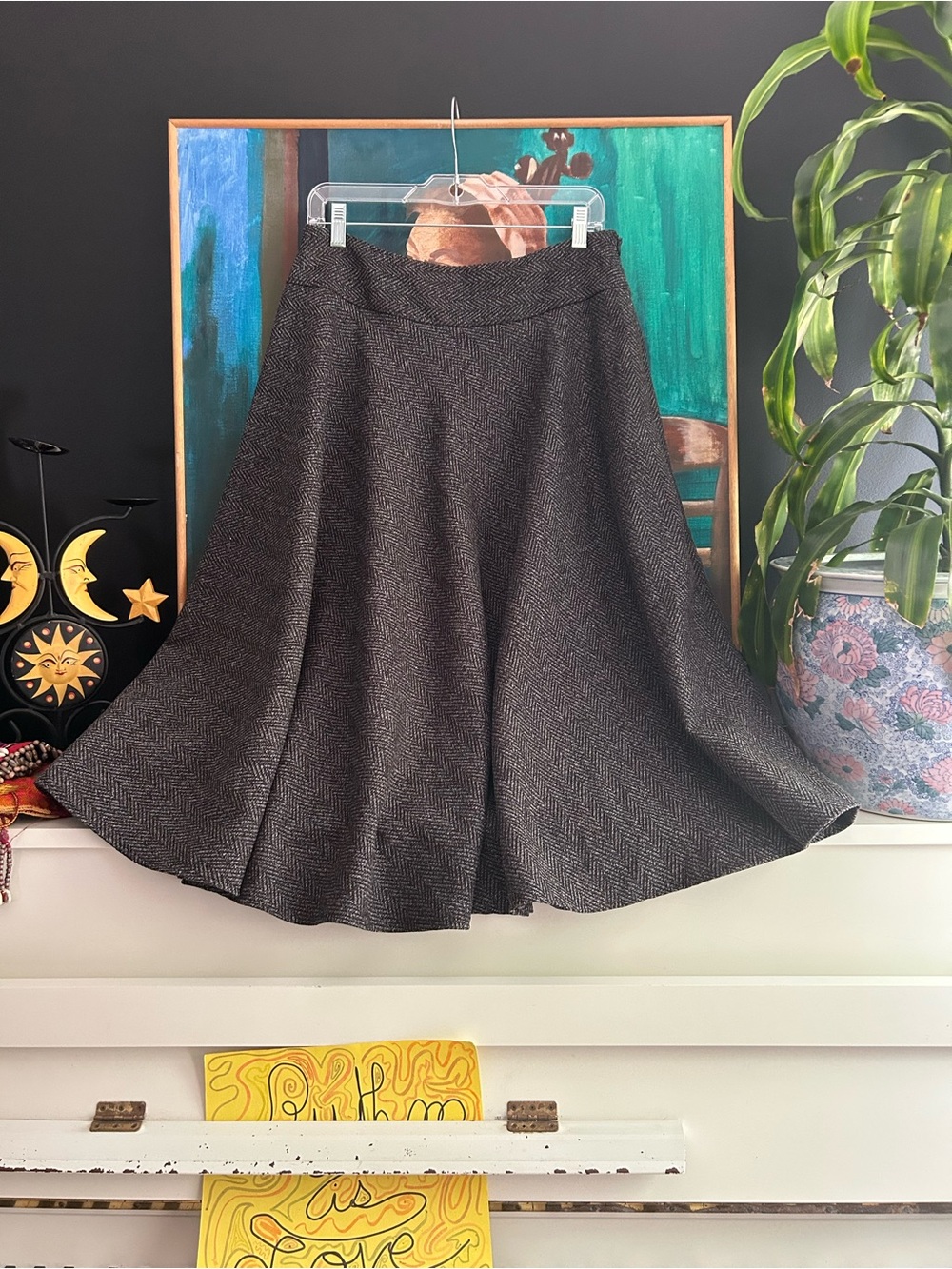Light Size 8 Charcoal Herringbone A-Line Midi Skirt Academia Fall
